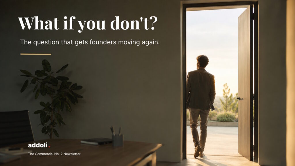 Founders alone needing to make a tough decision. He is standing by an open door looking out to the fresh air for an answer. What if you don't?