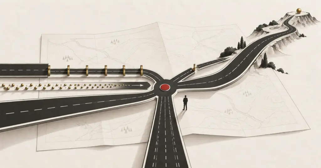 Five connected roads meeting at one junction beside an unused map, illustrating commercial infrastructure as the system a business runs on.
