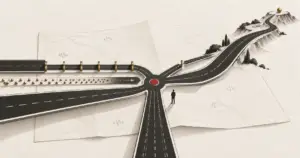 Five connected roads meeting at one junction beside an unused map, illustrating commercial infrastructure as the system a business runs on.