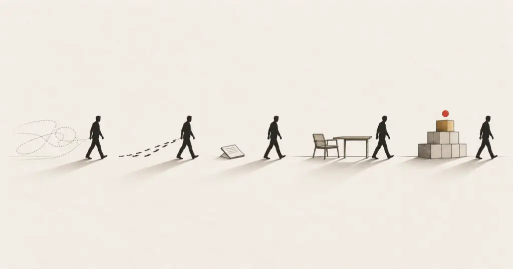 Five figures walking away, each leaving a different trace, with only one leaving a solid structure behind, illustrating the difference between fractional, consultant and coach.