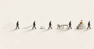 Five figures walking away, each leaving a different trace, with only one leaving a solid structure behind, illustrating the difference between fractional, consultant and coach.