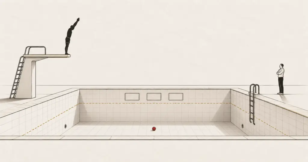 A swimmer poised to dive into an empty pool, illustrating why a sales hire fails when the commercial system underneath was never built.