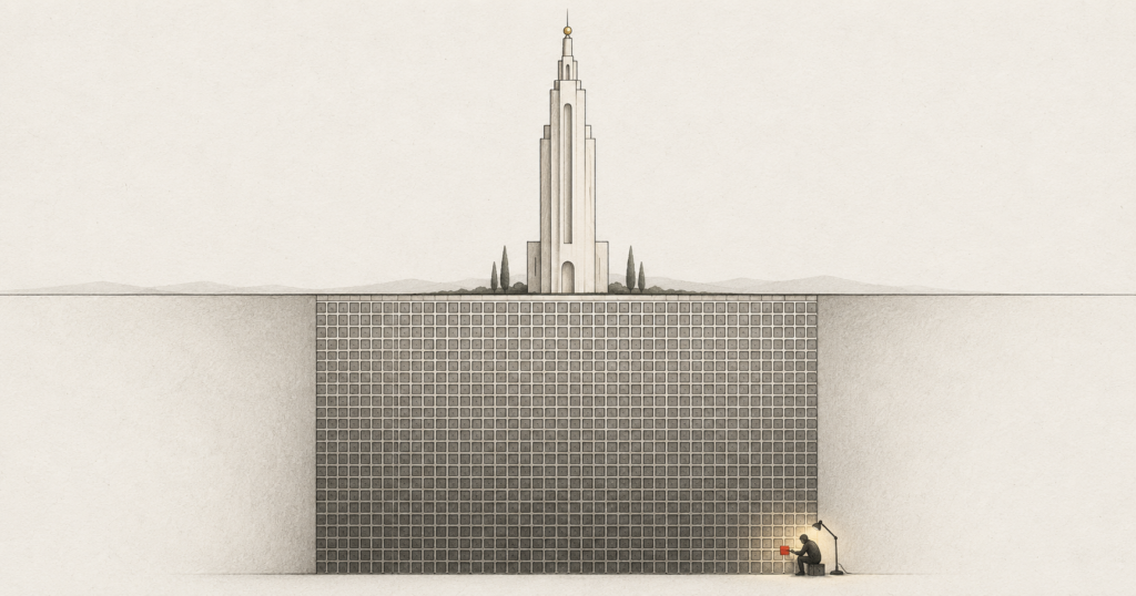 A polished tower resting on a vast patient grid of repeated squares, illustrating the unglamorous base layer behind a full proposition.