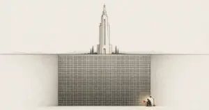 A polished tower resting on a vast patient grid of repeated squares, illustrating the unglamorous base layer behind a full proposition.