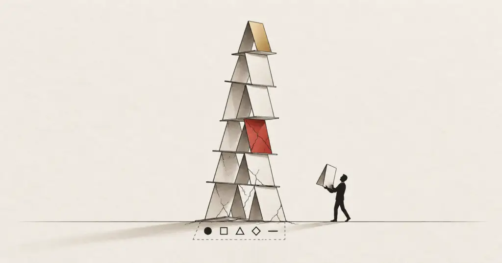A new figure adding a card to a fragile house of cards, illustrating why hiring a salesperson does not fix a sales problem.