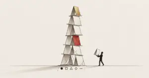 A new figure adding a card to a fragile house of cards, illustrating why hiring a salesperson does not fix a sales problem.