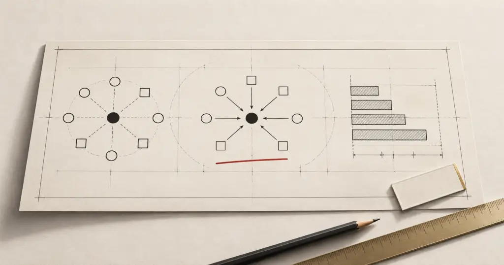 A blueprint mapping stakeholders, levers and objectives with a blank title label set to one side, illustrating a job spec built before the job title.