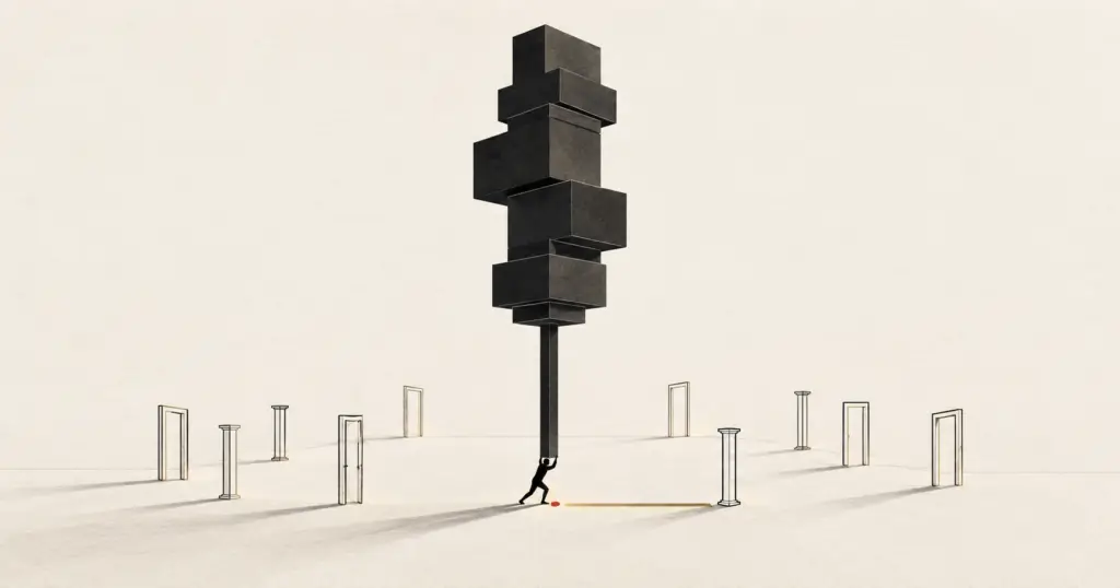 A tall structure balanced on one slender pillar held up by a single figure, illustrating a founder-dependent business caught in the Busy Trap.