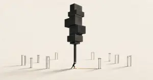 A tall structure balanced on one slender pillar held up by a single figure, illustrating a founder-dependent business caught in the Busy Trap.