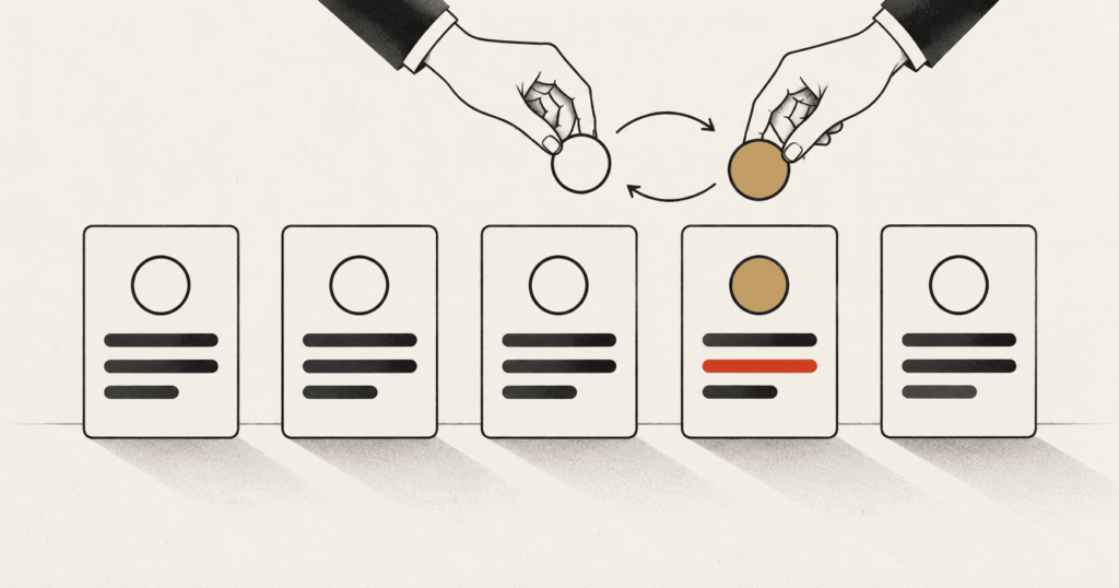 Five near identical cards in a row with one standing out, illustrating the logo test for competitive advantage.