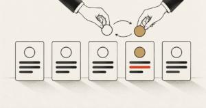 Five near identical cards in a row with one standing out, illustrating the logo test for competitive advantage.