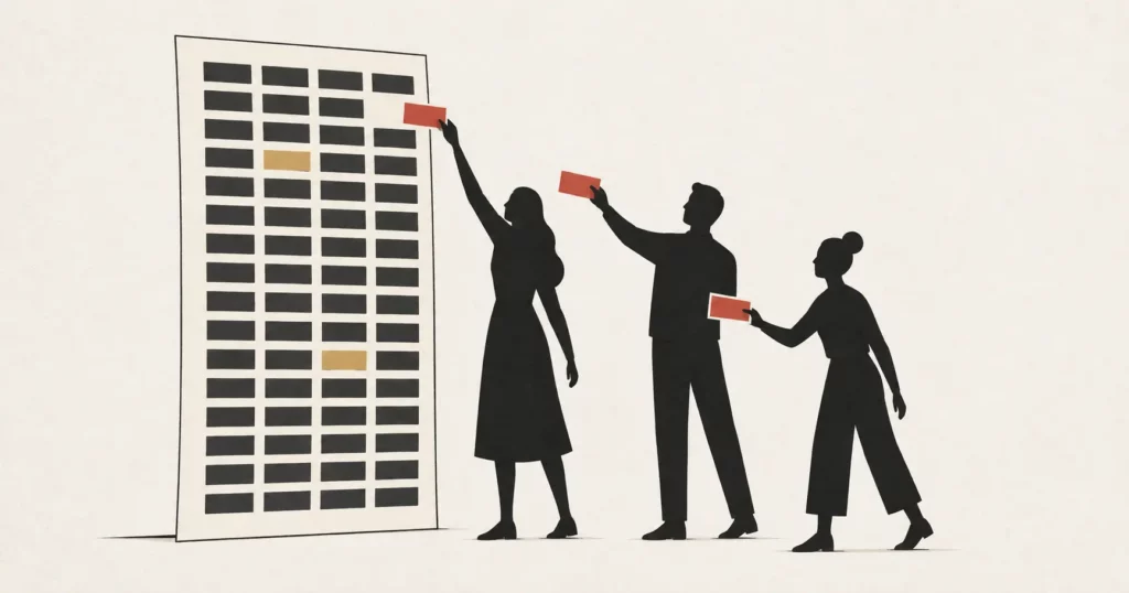 A founder job description laid out as a long list of roles, with two women and a man each taking a role away