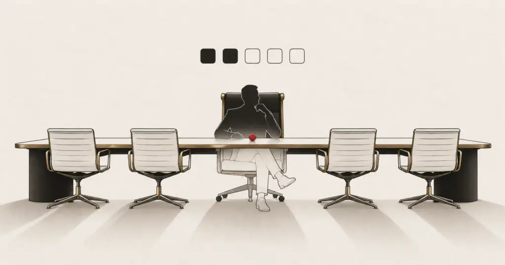 A boardroom chair occupied by a half-solid figure for part of the week, illustrating the part-time, board-level role of a Fractional Commercial Director.
