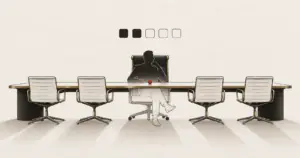 A boardroom chair occupied by a half-solid figure for part of the week, illustrating the part-time, board-level role of a Fractional Commercial Director.